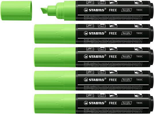 Marker acrilico - STABILO FREE Acrylic - T800C Punta a scalpello 4-10mm - Confezione da 5 - Verde chiaro
