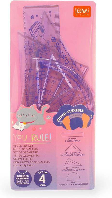 Legami - Set di Geometria, Set con Righello da 15 cm, Squadra 60° da 10 cm, Goniometro 180° per la Scuola, Custodia Inclusa - 4